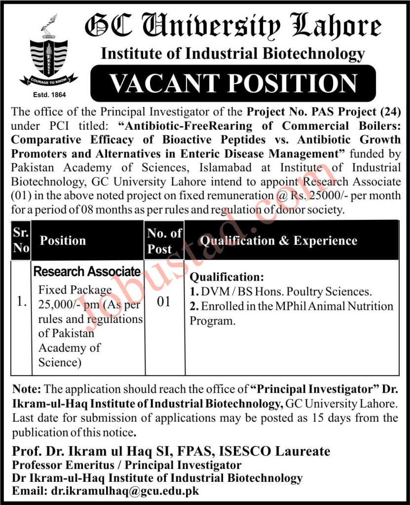 GCU Lahore Jobs Advertisement