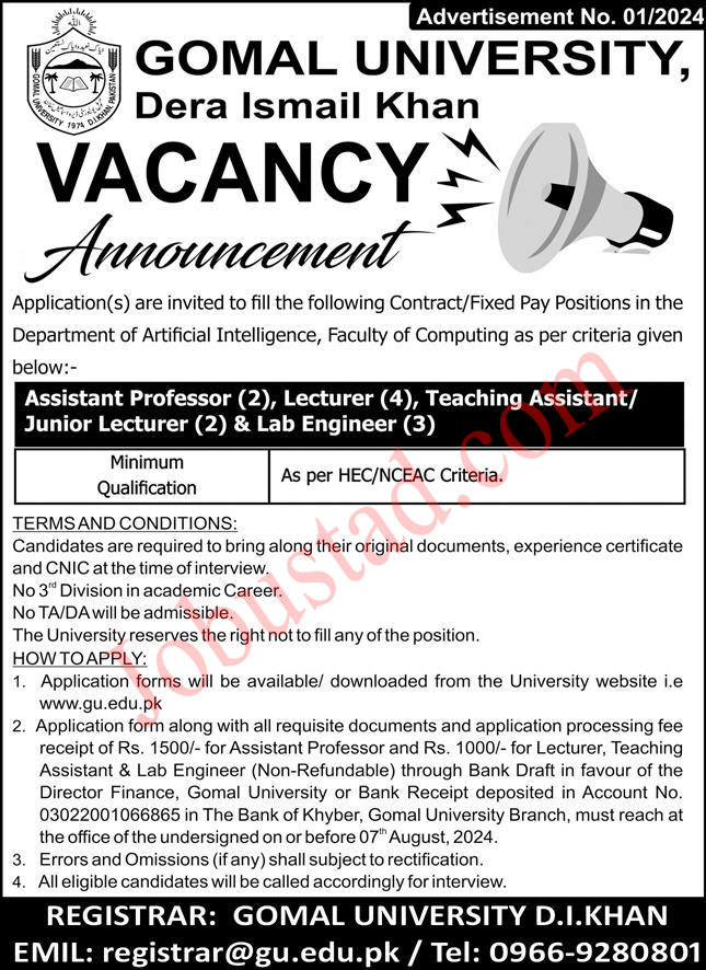 Latest Gomal University Jobs in DI Khan August 2024 