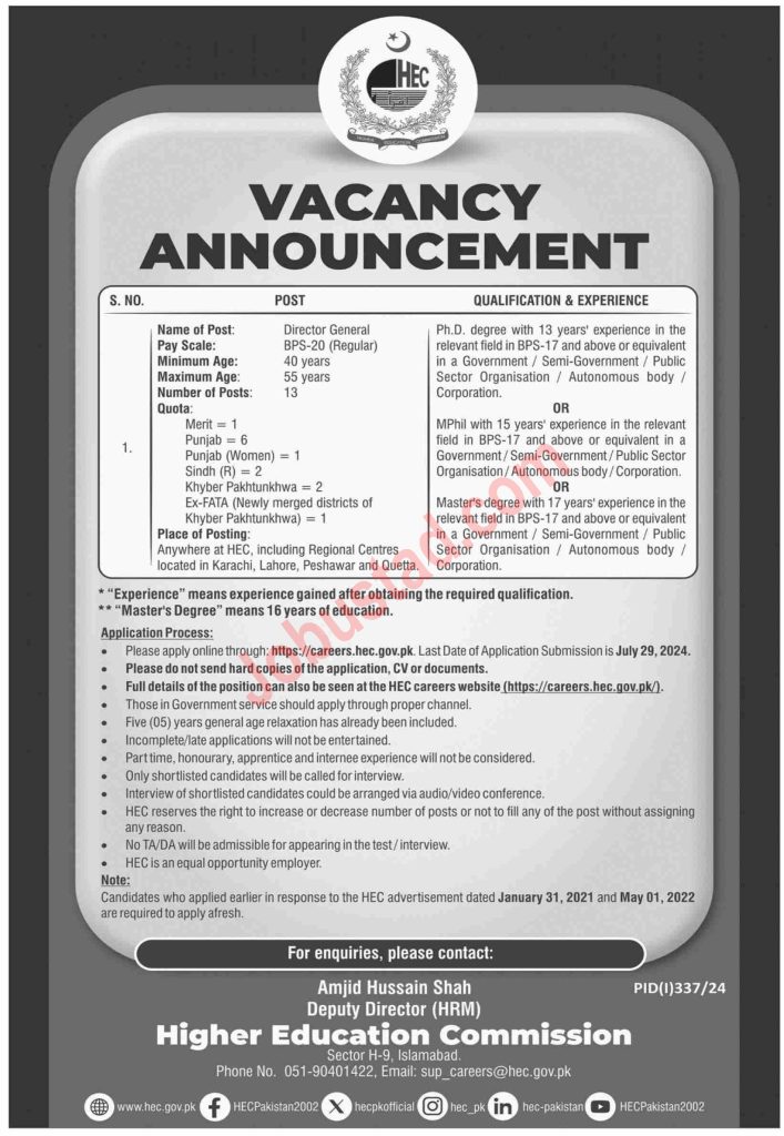 Latest HEC Jobs in Islamabad July 2024