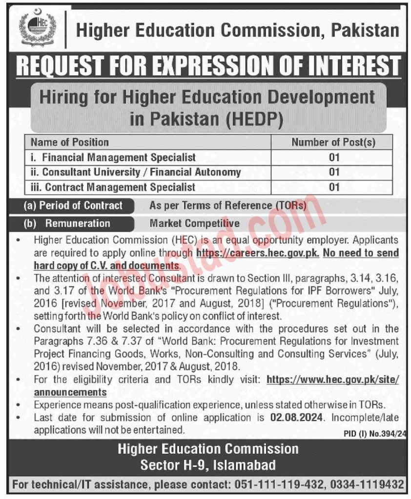 Latest HEC Pakistan Jobs in Islamabad July 2024