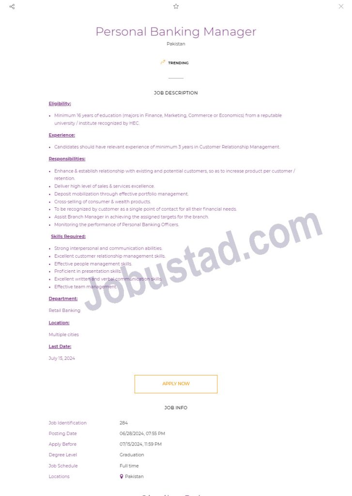 Latest Meezan Bank of Pakitsan Jobs in Lahore July 2024