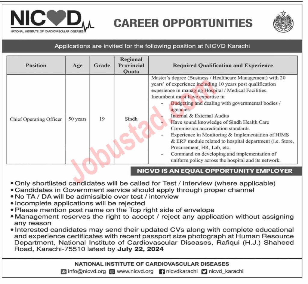 Latest NICVD Jobs in Karachi July 2024