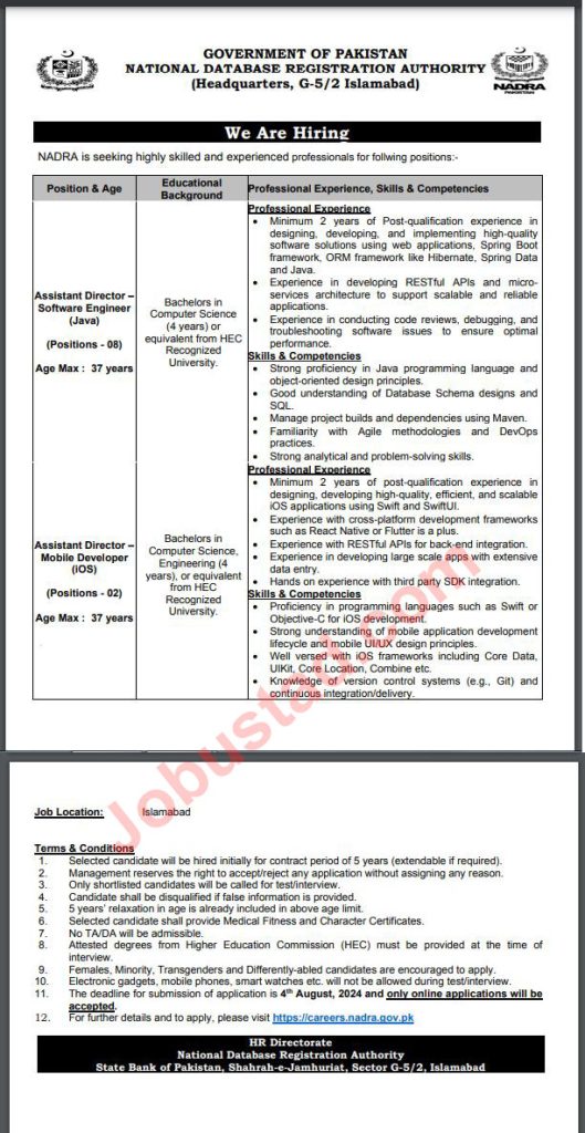 Latest Nadra Jobs in Islamabad July 2024 