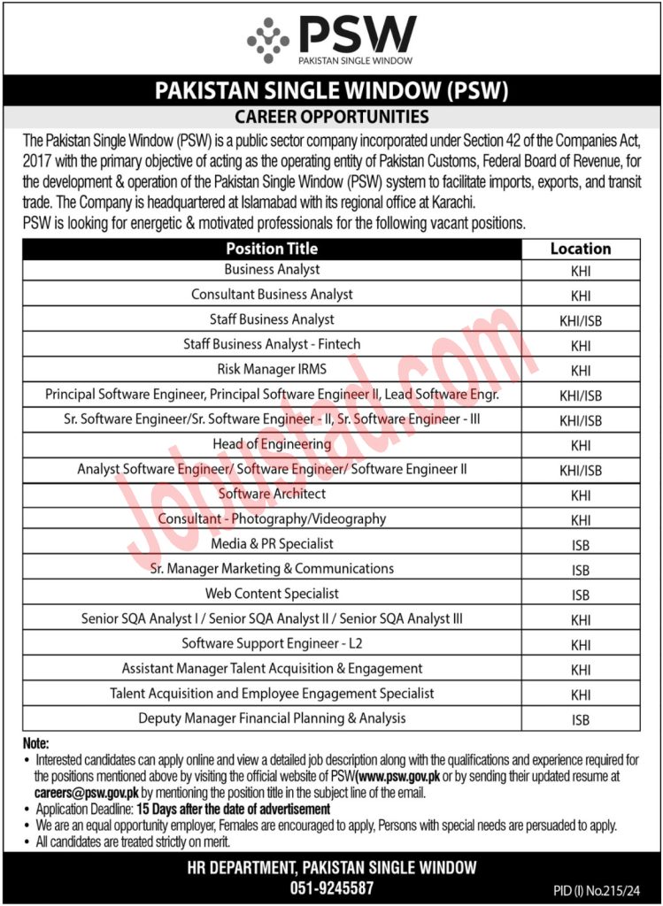 Latest PSW Jobs in Karachi July 2024