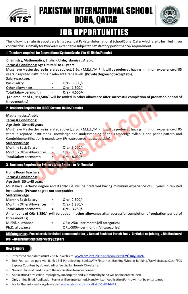 Latest Pakistan International School Jobs in DOHA Qatar July 2024 