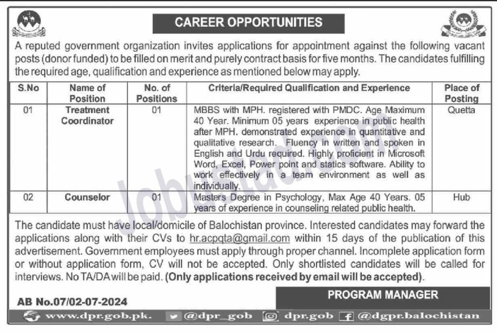 Latest Public Sector Organization Jobs in Quetta July 2024