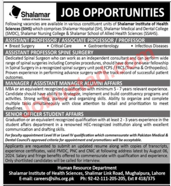 Shalamar Institute of Health Sciences Jobs