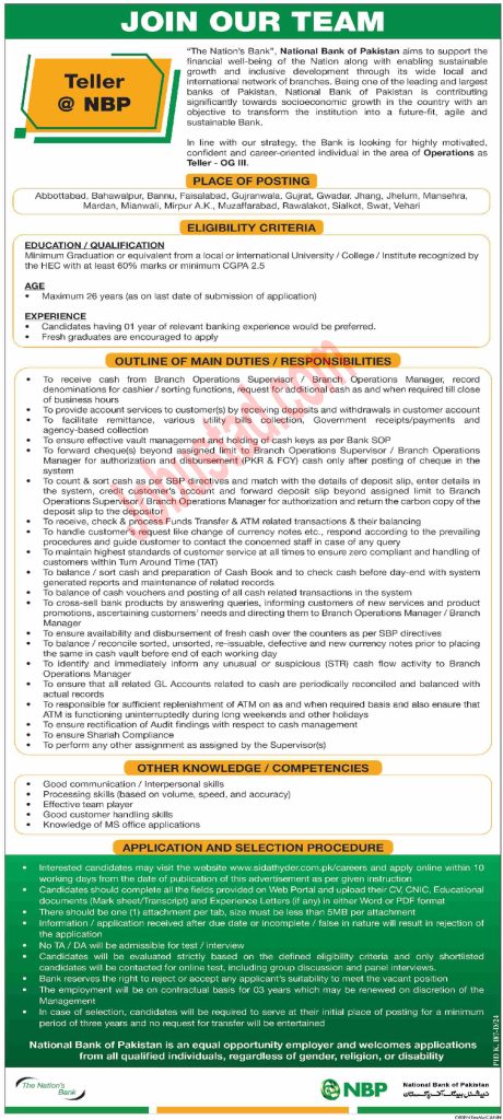 Latest Teller Jobs in National Bank of Pakistan For all Cities July 2024
