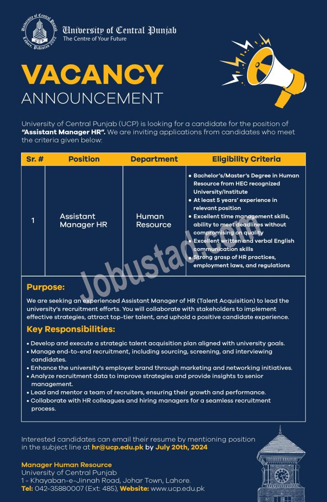 Latest UCP Jobs in Lahore July 2024