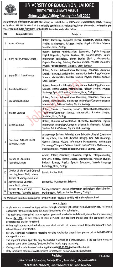 Latest University of Education Jobs in Lahore July 2024