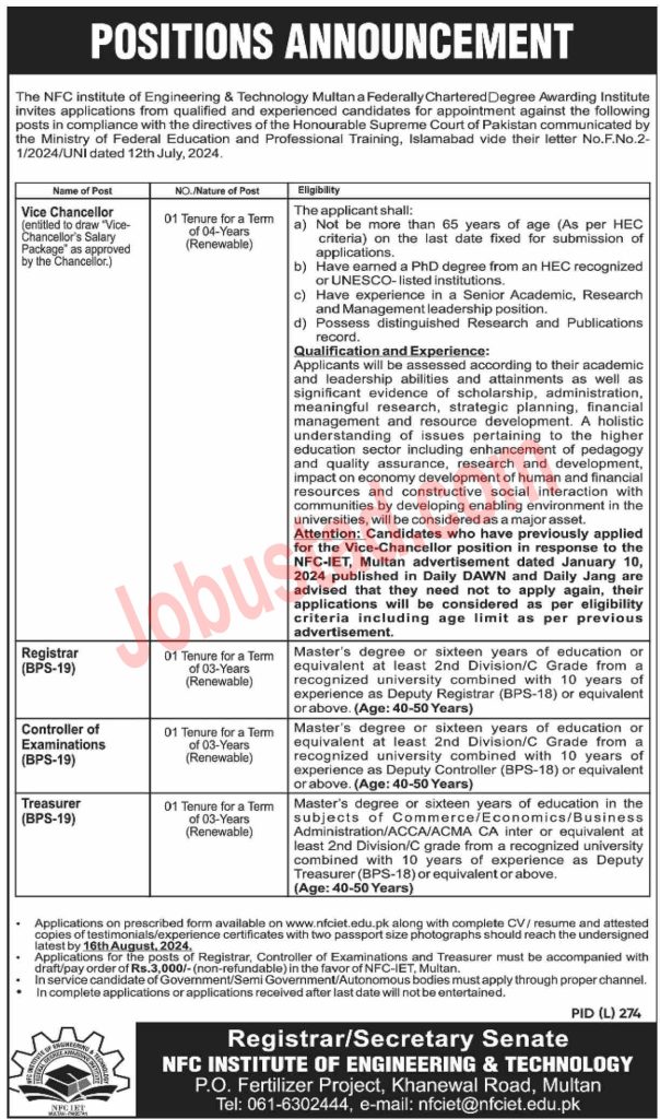 NFC Institute of Engineering and Technology Jobs in Multan August 2024 