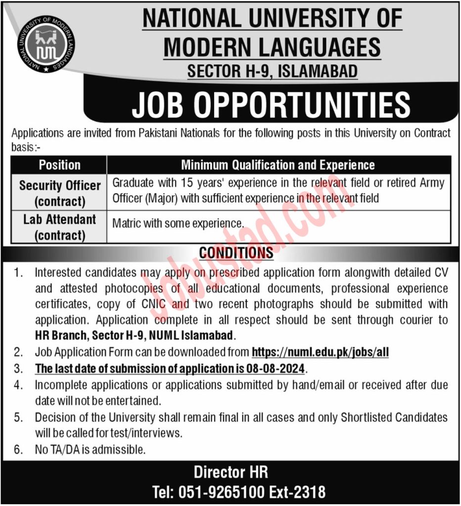 NUML Jobs in Islamabad August 2024 
