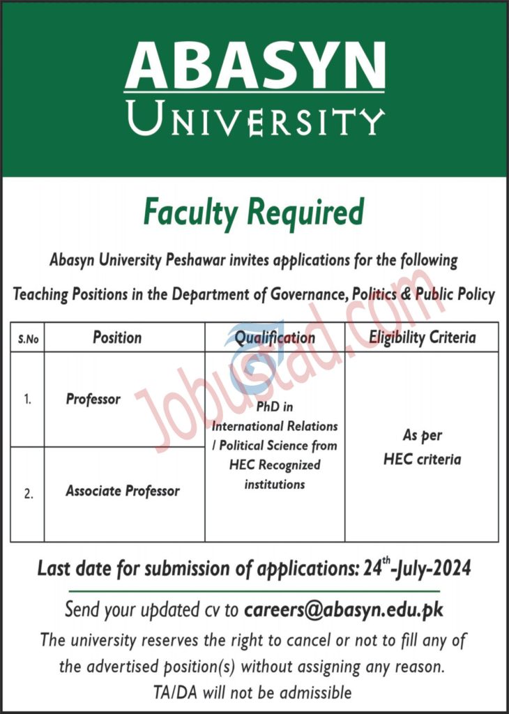 New Abasyn University Jobs in Peshawar July 2024 