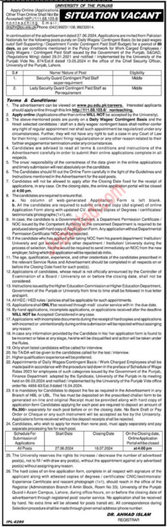 New Class 4 Jobs in University of Punjab July 2024