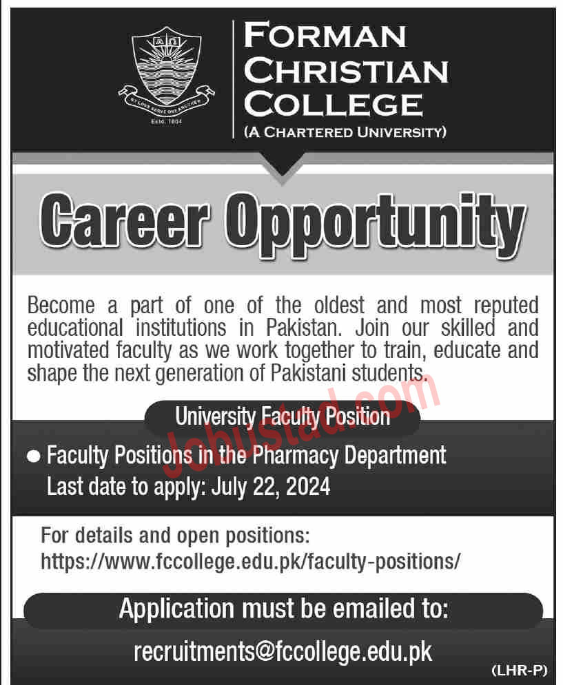 Latest Forman Christian College Jobs in Lahore July 2024