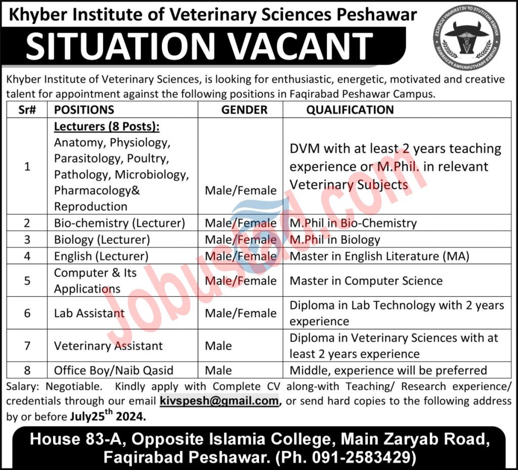 New Khyber Institute of Veterinary Sciences Jobs in Peshawar July 2024 