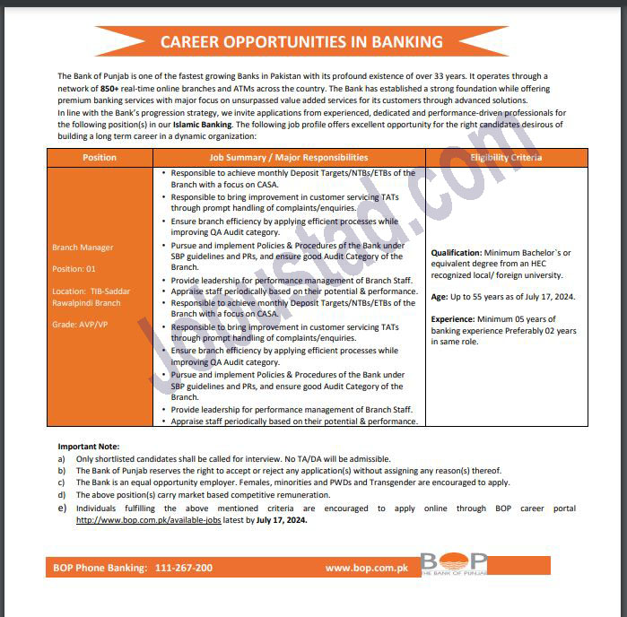New The Bank of Punjab jobs in Rawalpindi July 2024