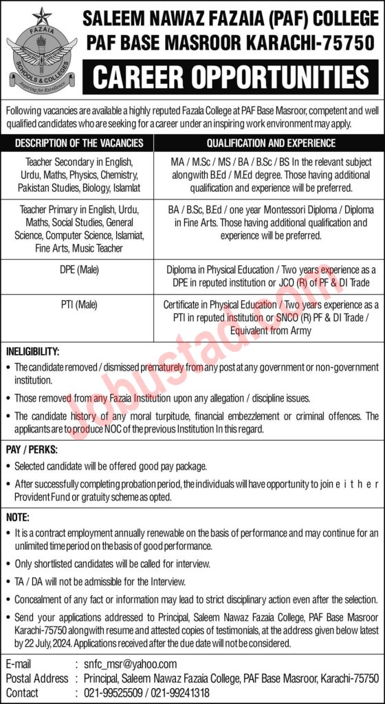 New Saleem Nawaz Fazaia College Jobs in Karachi July 2024 