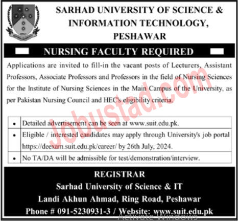 Sarhad University of Science and Information Technology Jobs in Peshawar July 2024