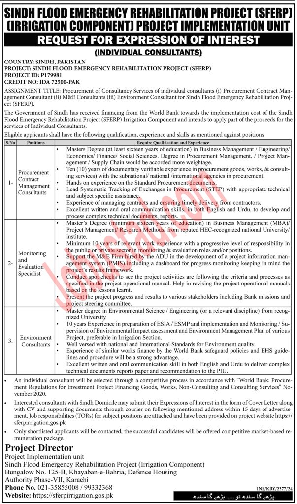 Sindh Flood Emergency Rehabilitation Project Jobs in Karachi August 2024 