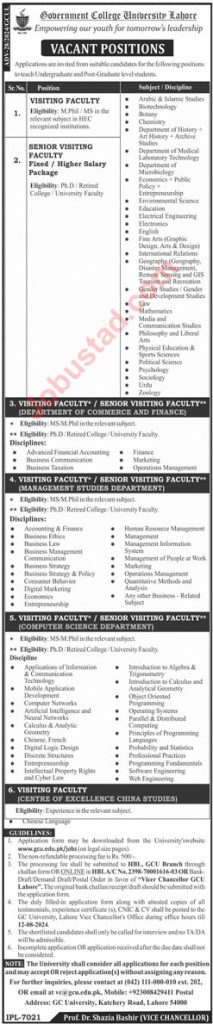 GCU Lahore Jobs Advertisement