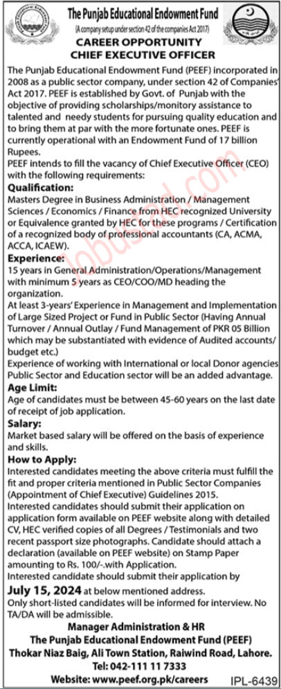 The Punjab Educational Endowment Fund Jobs in Lahore July 2024