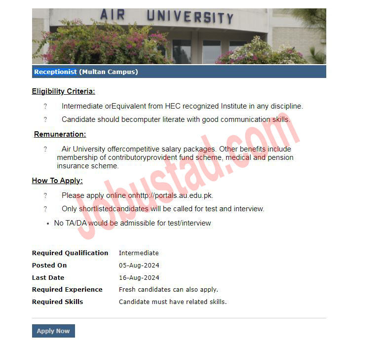 New Receptionist Jobs in Multan August 2024