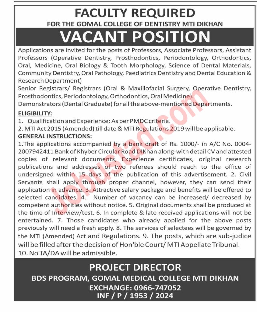 New Gomal College of Dentistry Jobs in DI Khan August 2024