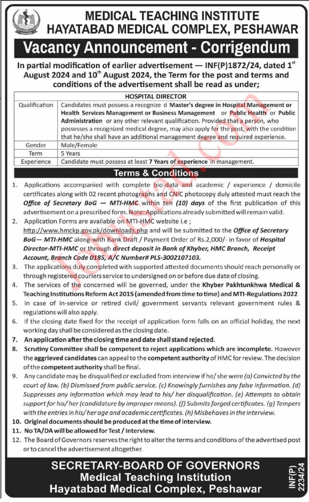 Hayatabad Medical Complex Jobs in Peshawar September 2024 