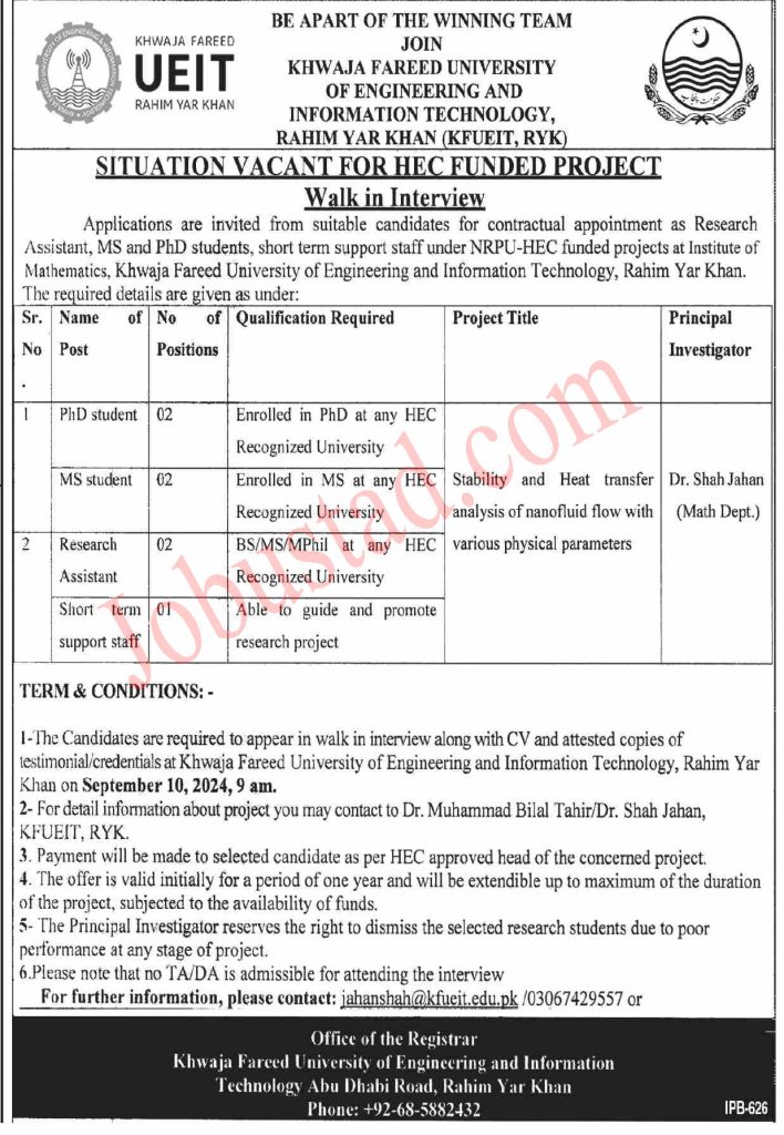 Khwaja Fareed UEIT Jobs in R.Y Khan September 2024
