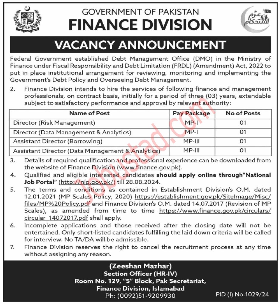 Latest Govt of Pakistan Finance Division Jobs in Islamabad August 2024