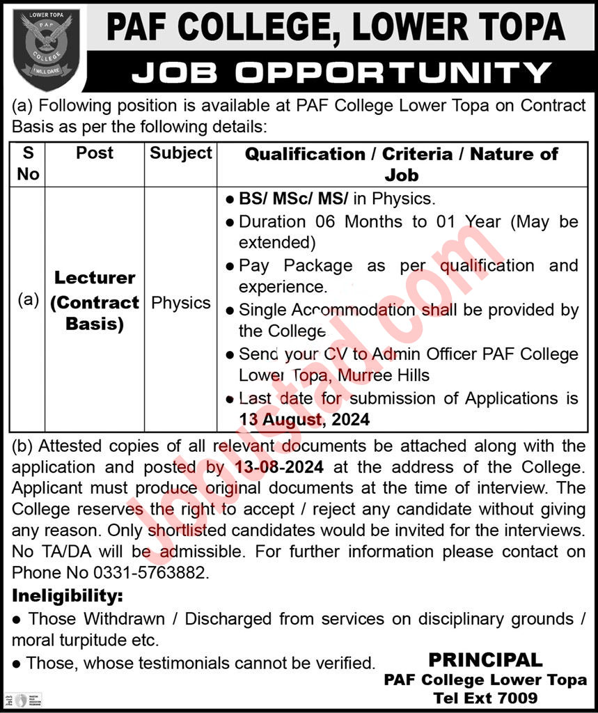 Latest PAF College Jobs in Lower Topa Murre August 2024