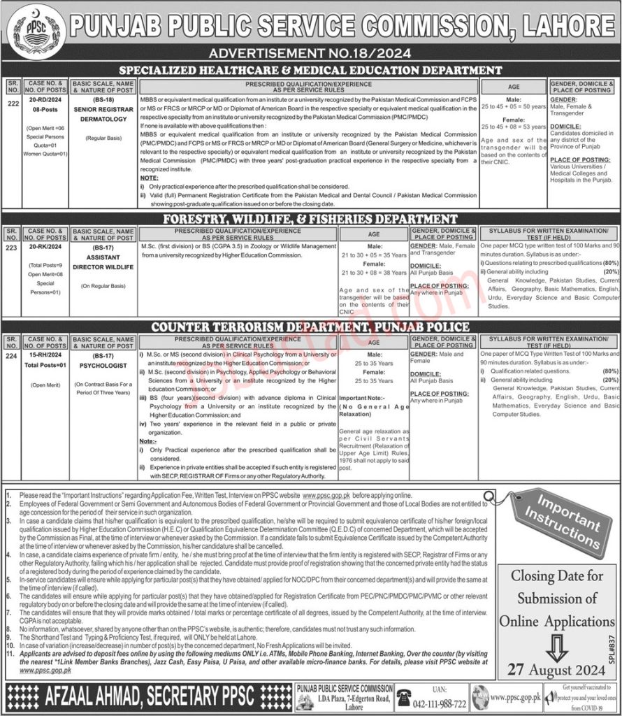 Latest PPSC Jobs Advertisement 18/2024