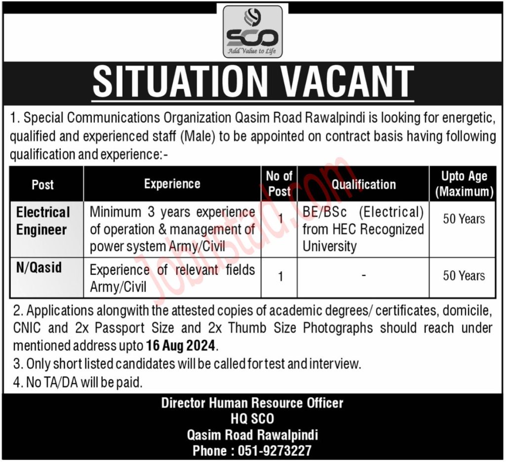 Latest SCO Jobs in Rawalpindi August 2024