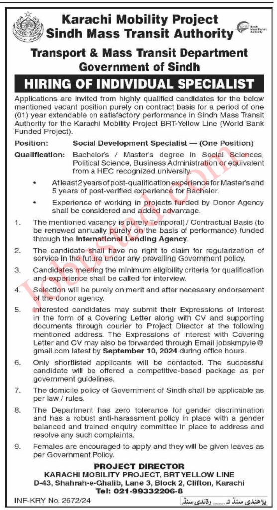 Latest Sindh Mass Transit Authority Jobs in Karachi September 2024