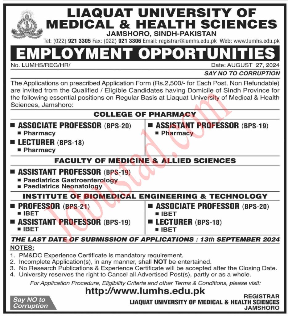 Liaquat Universit of Medical Health Sciences Jobs in Jamshoro September 2024