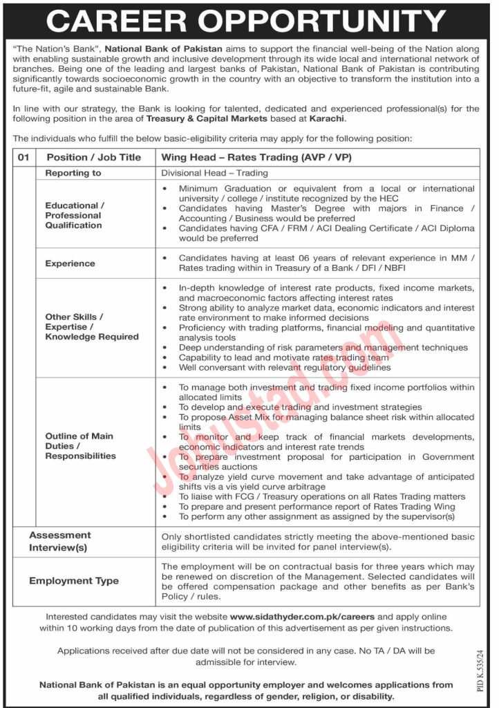 National Bank of Pakistan NBP Jobs in Karachi August 2024