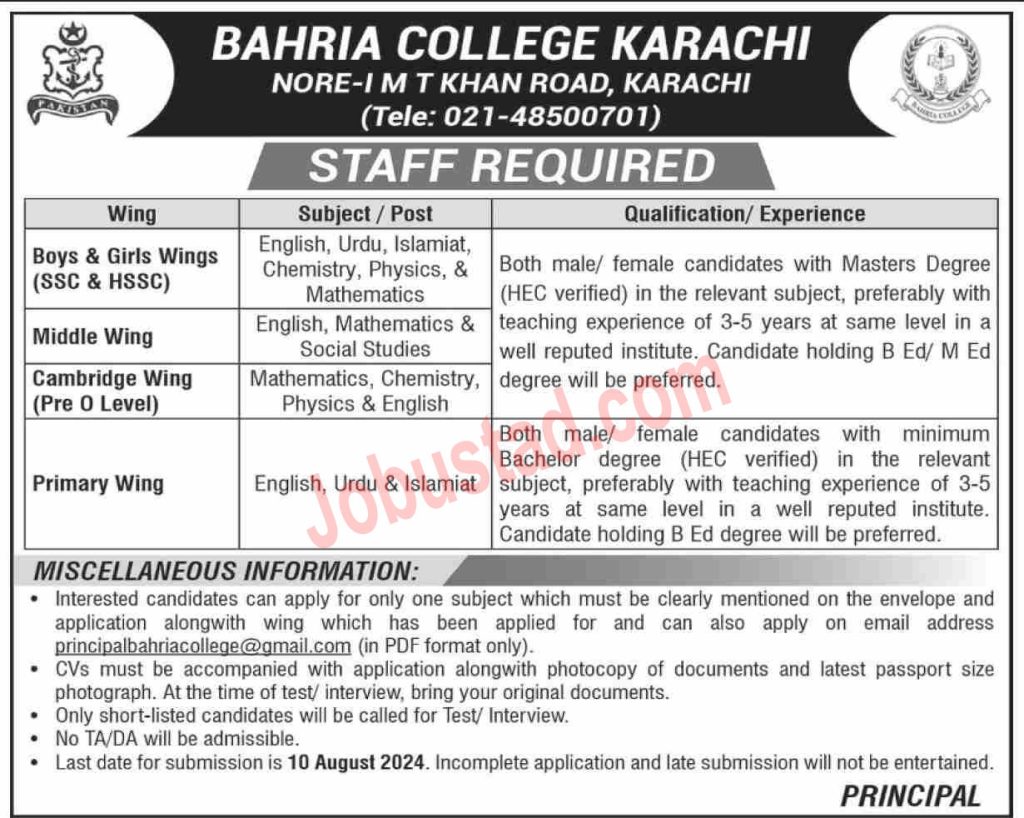New Bahria College Jobs in Karachi August 2024