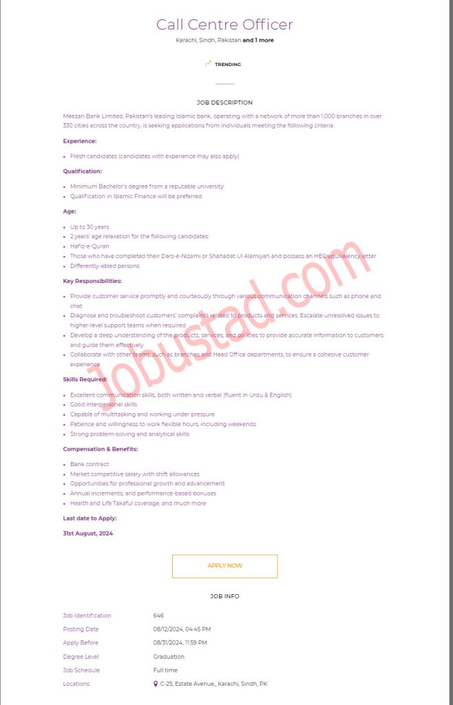 New Call Center Officers Jobs in Meezan Bank August 2024 
