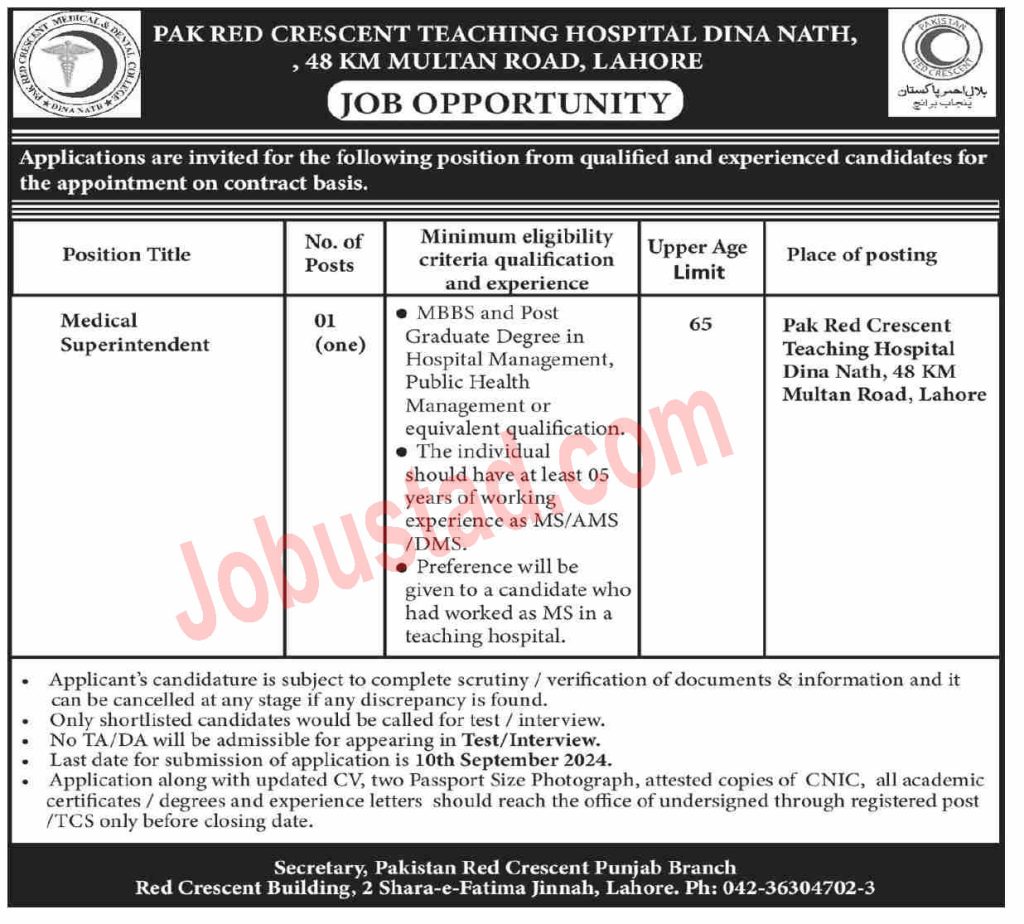 Pak Red Crescent Teaching Hospital Jobs in Lahore August 2024