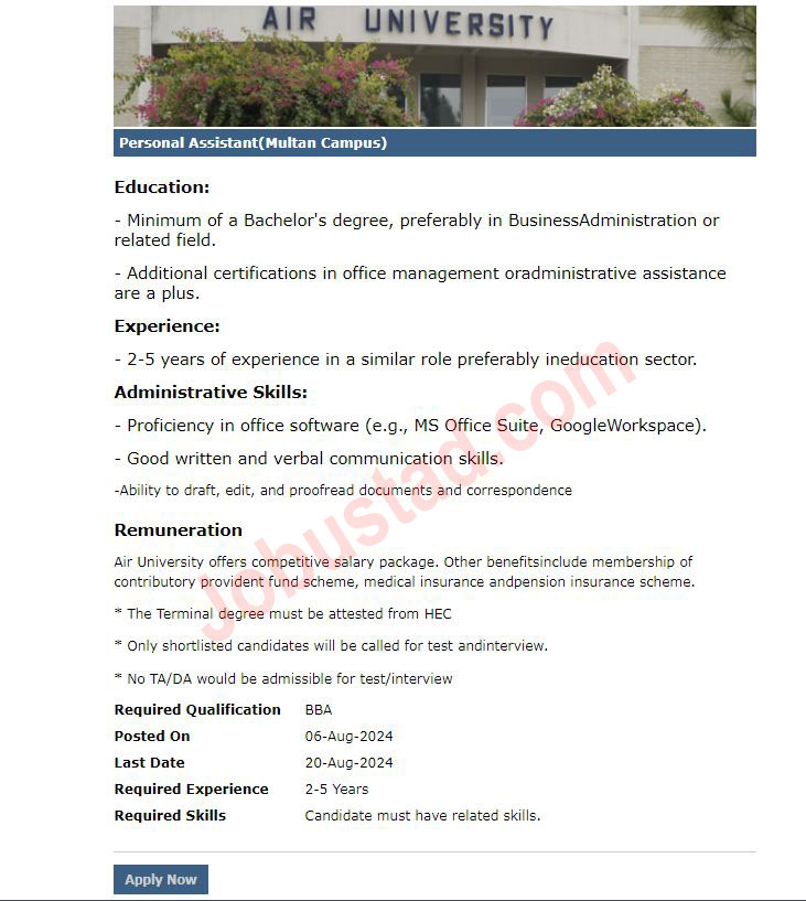 Latest Personal Assistant Jobs in Multan August 2024