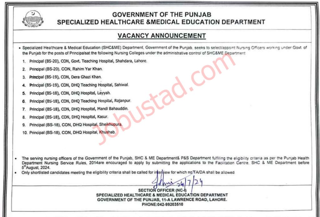 Specialized Healthcare & Medical Education (SHC&ME) Department Jobs in Lahore August 2024