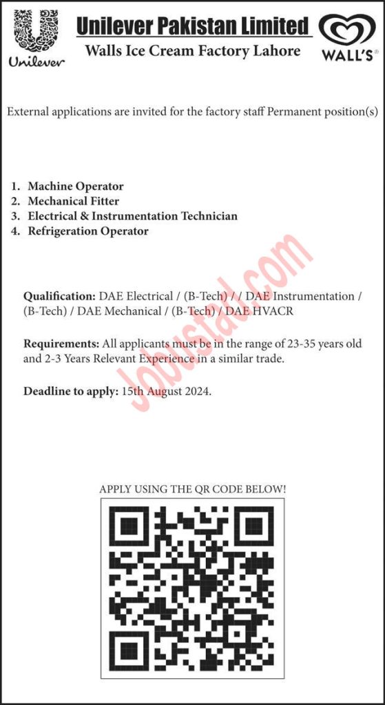 Walls Ice Cream Factory Jobs in Lahore August 2024 