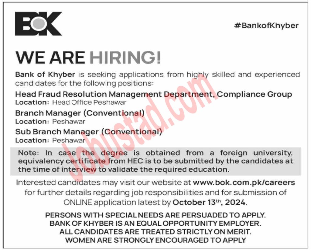 Bank of Khyber Jobs in Peshawar October 2024