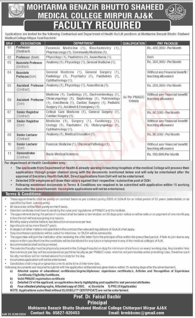 Benazir Bhutto Medical College Jobs in Mirpur September 2024