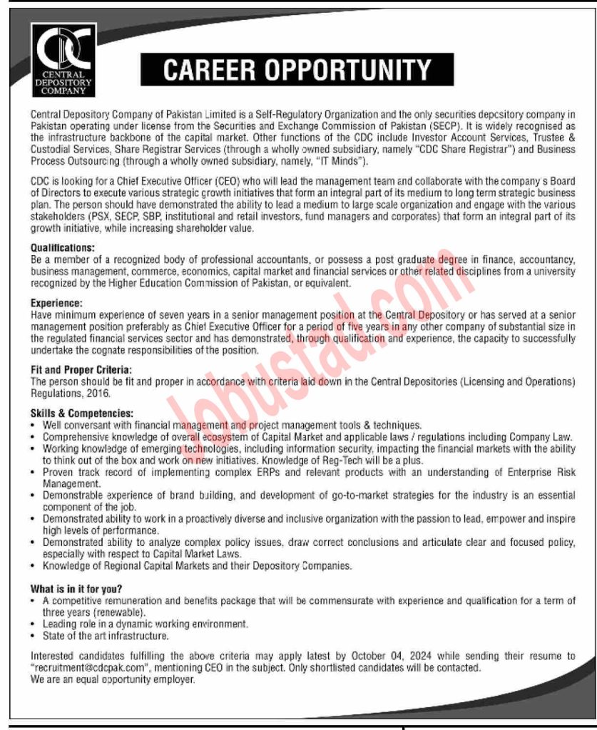 Central Depository Company Jobs in Karachi September 2024 