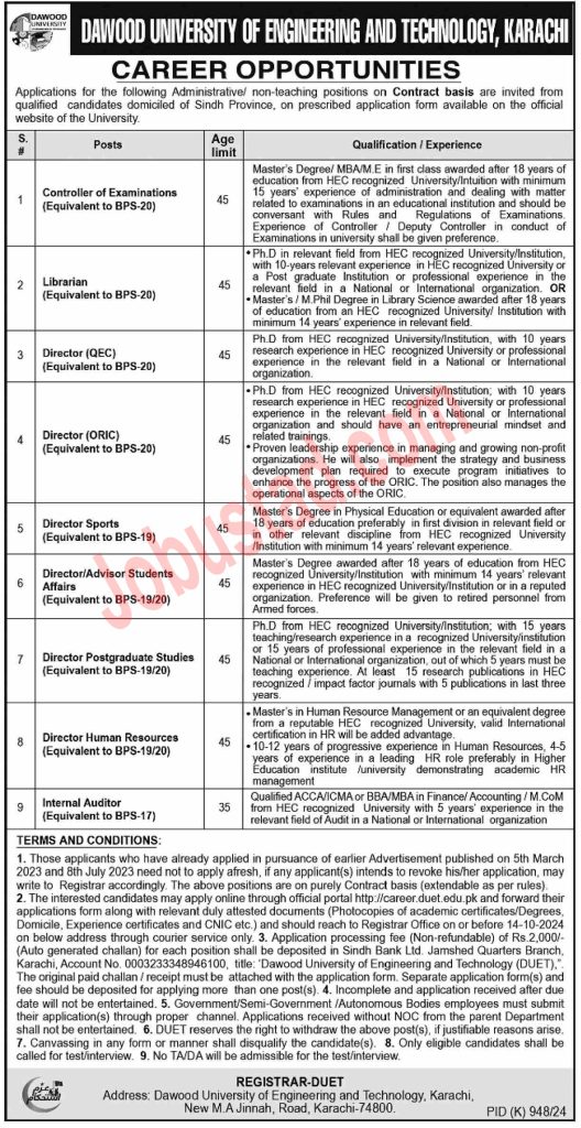 Dawood University of Engineering & Technology Jobs in Karachi September 2024