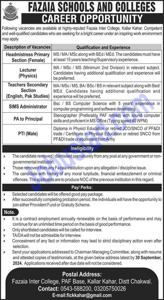 Fazaia Schools and College Jobs in Kallar Kahar September 2024 