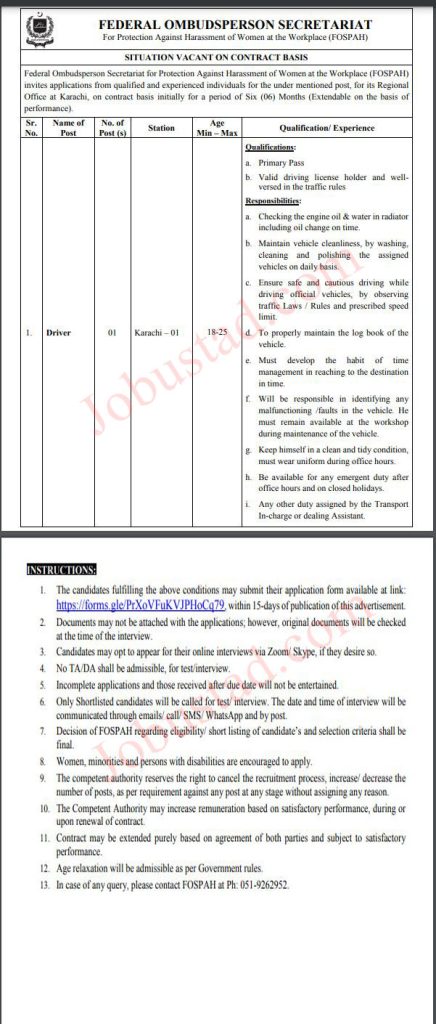 Federal Ombudsperson Secretariat For Protection Against Harassment FOSPAH Jobs in Karachi September 2024 