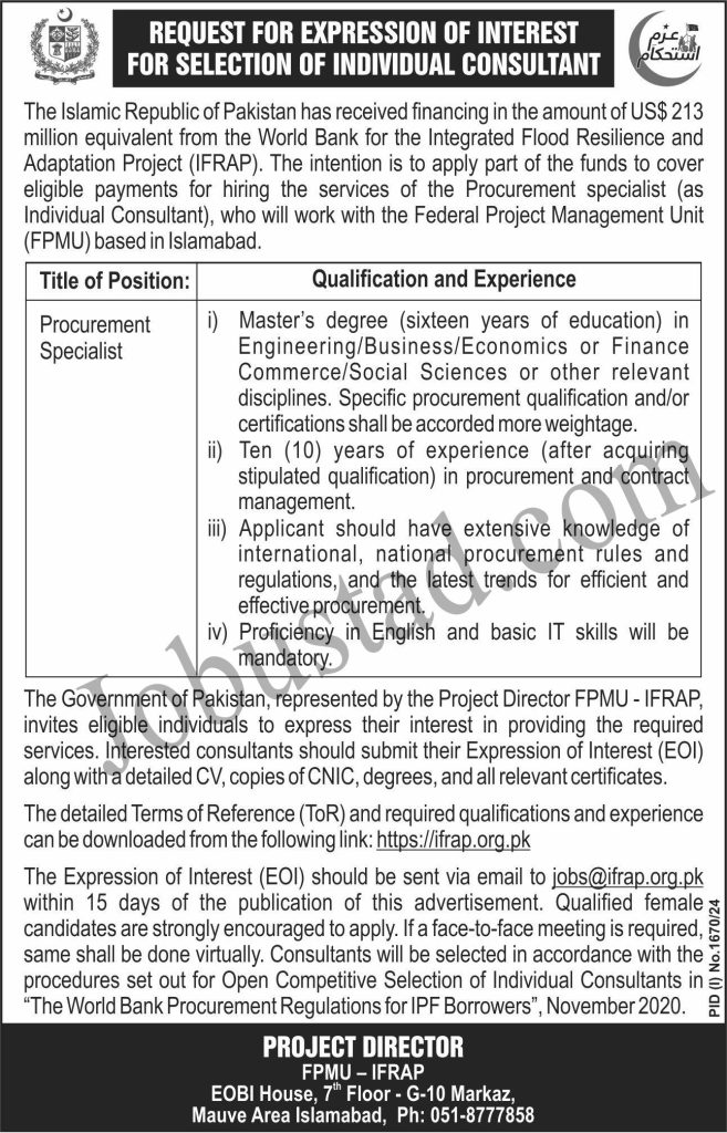 Integrated Flood Resilience & Adaptation Project Jobs in Islamabad September 2024